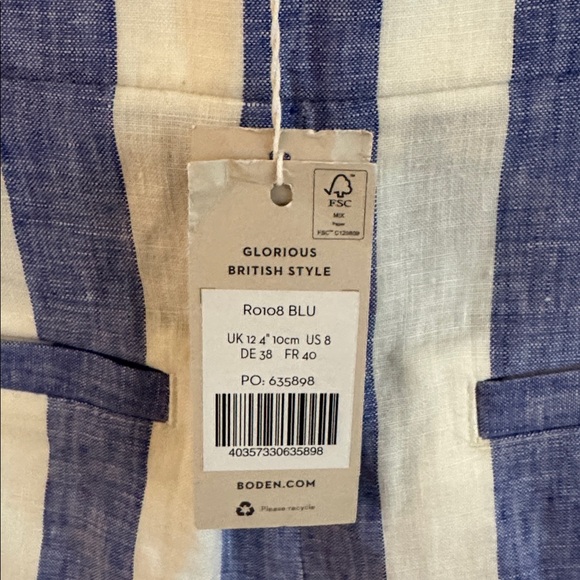 BODEN high waist blue and white striped pleated linen shorts 4 " inseam sz 8 NWT - Picture 4 of 8